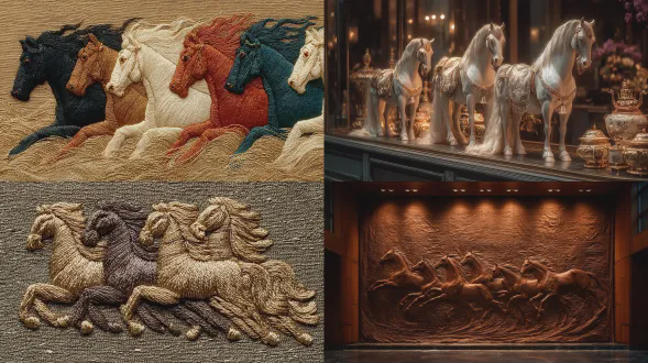 中国古代丝绸刺绣屏风，八骏图造型骏马刺绣，富丽堂皇，精致细腻，生动逼真，居中对称布局，室内宫殿环境，丝织品光泽，暖金色调，广角镜头，柔光，静态展示，精湛工艺，奢华，庄重典雅。