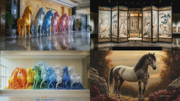 一扇落地折叠中国古代丝绸刺绣屏风，每一扇屏风都绣着一匹不同颜色的骏马，参考唐朝的八骏图造型，精致细腻，生动逼真，美轮美奂，精湛的工艺，光泽，富丽堂皇