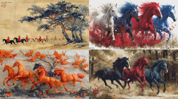一扇落地折叠中国古代丝绸刺绣屏风，每一扇屏风都绣着一匹不同颜色的骏马，参考唐朝的八骏图造型，精致细腻，生动逼真，美轮美奂，精湛的工艺，光泽，富丽堂皇