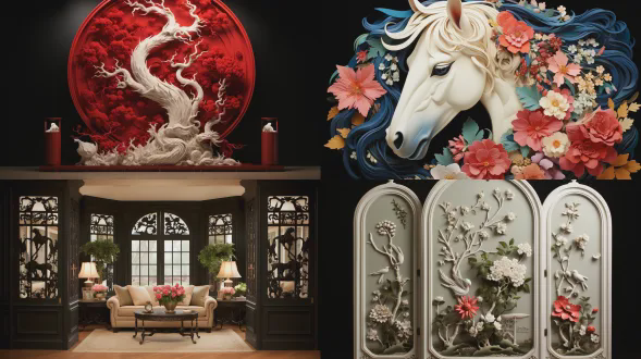 一扇落地折叠中国古代丝绸刺绣屏风，每一扇屏风都绣着一匹不同颜色的骏马，参考唐朝的八骏图造型，精致细腻，生动逼真，美轮美奂，精湛的工艺，光泽，富丽堂皇