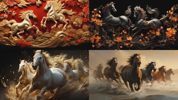 中国古代丝绸刺绣屏风，八匹骏马各具神韵，栩栩如生，唐朝风格，丝绸光泽，富丽堂皇的宫廷背景，对称构图，高细节，精致刺绣，细腻纹理，暖金色调，侧光照射，展现丝绸光泽与骏马动态，威严庄重，精湛工艺。