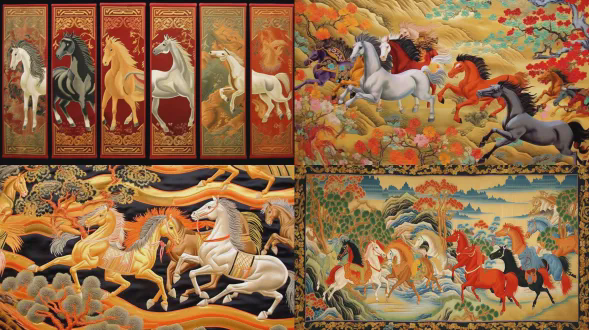 中国古代丝绸刺绣屏风，每一扇绣着不同颜色的骏马，唐朝八骏图造型，精致细腻，生动逼真，富丽堂皇，光泽质感，对角线布局，室内场景，暖色调，柔光，广角镜头，细节特写，古典优雅，宁静庄严，奢华工艺。