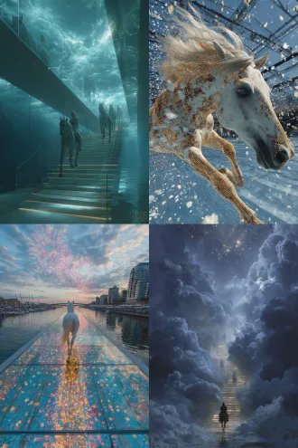 天马行空的特效摄影，山间玻璃栈道上一匹马飞奔而过，留下一串马蹄造型的光迹，足迹电子灯显示出“2026”字样，雪花与花瓣在马蹄的践踏下纷纷扬起又落下，头顶的白云飘移，瀑布流淌，烟花散开，星空下宛如仙境，玻璃栈道下摄影师第一视角，隔着玻璃九十度仰视角度捕捉头顶的精彩运动瞬间