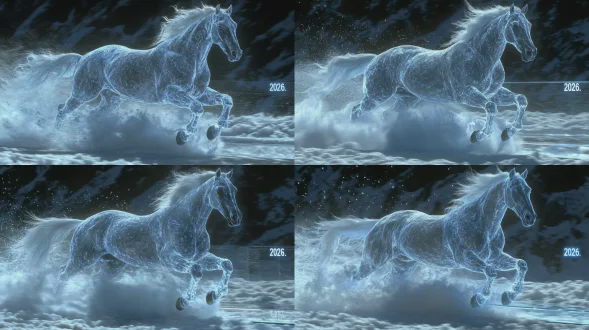 天马行空的特效摄影，山间玻璃栈道上一匹马飞奔而过，留下一串马蹄造型的光迹，足迹电子灯显示出“2026”字样，雪花与花瓣在马蹄的践踏下纷纷扬起又落下，头顶的白云飘移，瀑布流淌，烟花散开，星空下宛如仙境，玻璃栈道下摄影机第一视角，九十度仰视角度捕捉精彩运动瞬间