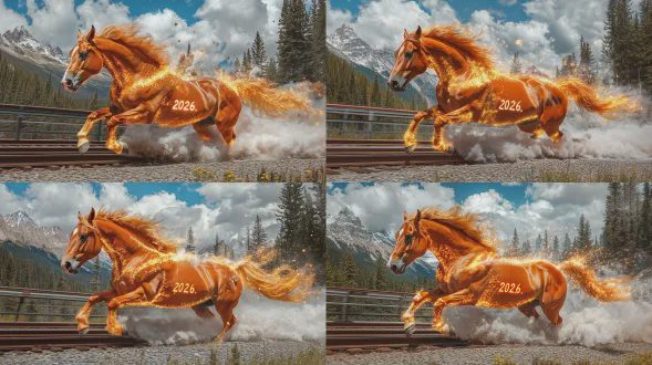 天马行空的特效摄影，山间玻璃栈道上一匹马飞奔而过，留下一串马蹄造型的光迹，足迹电子灯显示出“2026”字样，雪花与花瓣在马蹄的践踏下纷纷扬起又落下，头顶的白云飘移，瀑布流淌，烟花散开，星空下宛如仙境，玻璃栈道下摄影机第一视角，九十度仰视角度捕捉精彩运动瞬间