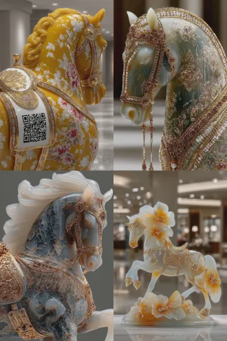 一匹黄玉雕刻的骏马在云端腾空而起，马鞍有贝雕二维码，金银珠宝装饰的马具，奢华精美，高端艺术品，展示厅，高清摄影