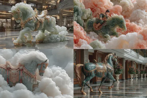 黄玉骏马腾云驾雾，马鞍贝雕二维码，金银珠宝马具奢华精美，高端艺术品展示厅，高清摄影，中心构图，云端环境，长焦镜头，柔和顶光，静态展示，黄玉材质，金色光泽，奢华感，艺术展厅，暖色调，威严。