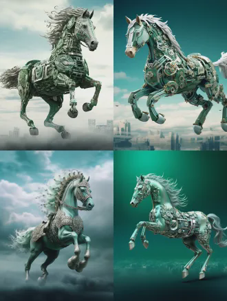 一匹黄玉骏马腾云驾雾，贝雕二维码马鞍，珠宝装饰奢华马具，展示厅内，高清摄影，中心构图，3d渲染，工作室灯光，金属质感，冷色调，未来感，静态雕塑，精致细节，奢华艺术品。