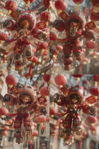 人头马身机器人展开机械翼奔腾飞翔，可爱儿童坐在马背高举春节红包，红包印有金色骏马与祥云，动态构图，赛博朋克风格，中国春节商场背景，大红灯笼与春联装饰，高饱和暖色调，广角镜头，侧光，喜庆氛围，金属质感，丝绸服装，欢乐表情，机械细节，传统与现代融合，华丽装饰。