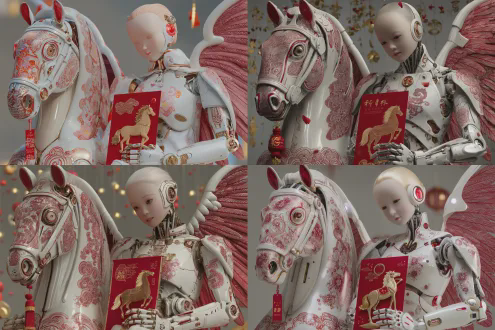 一个人头马身的机器人展开翅膀奔腾飞翔，一个可爱的儿童坐在马背上举起一个精美的春节红包，红包的封面印着金色的骏马和祥云，开心，喜庆，背景是中国春节的商场布置，大红灯笼，春联等传统布置。