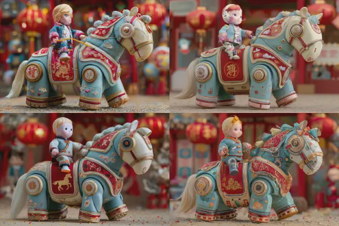 一个人头马身的机器人展开翅膀奔腾飞翔，一个可爱的儿童坐在马背上举起一个精美的春节红包，红包的封面印着金色的骏马和祥云，开心，喜庆，背景是中国春节的商场布置，大红灯笼，春联等传统布置。