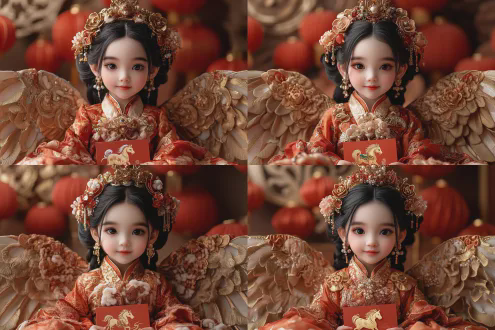 一个人头马身的机器人展开翅膀奔腾飞翔，一个可爱的儿童坐在马背上举起一个精美的春节红包，红包的封面印着金色的骏马和祥云，开心，喜庆，背景是中国春节的商场布置，大红灯笼，春联等传统布置。