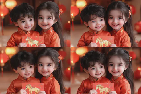 一个人头马身的机器人展开翅膀奔腾飞翔，一个可爱的儿童坐在马背上举起一个精美的春节红包，红包的封面印着金色的骏马和祥云，开心，喜庆，背景是中国春节的商场布置，大红灯笼，春联等传统布置。