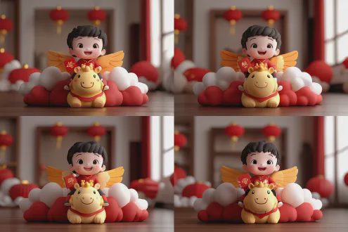 一个人头马身的机器人展开翅膀奔腾飞翔，一个可爱的儿童坐在马背上举起一个精美的春节红包，红包的封面印着金色的骏马和祥云，开心，喜庆，背景是中国春节的商场布置，大红灯笼，春联等传统布置。