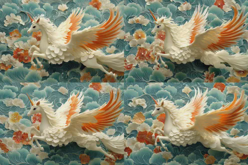 一个人头马身的机器人展开翅膀奔腾飞翔，一个可爱的儿童坐在马背上举起一个精美的春节红包，红包的封面印着金色的骏马和祥云，开心，喜庆，背景是中国春节的商场布置，大红灯笼，春联等传统布置。