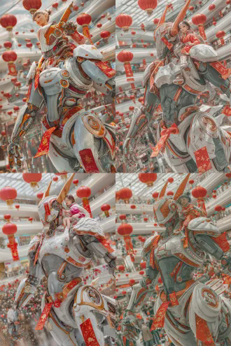 人头马身机器人展开机械翼奔腾飞翔，可爱儿童坐在马背高举春节红包，红包印有金色骏马与祥云，动态构图，赛博朋克风格，中国春节商场背景，大红灯笼与春联装饰，高饱和暖色调，广角镜头，侧光，喜庆氛围，金属质感，丝绸服装，欢乐表情，机械细节，传统与现代融合，华丽装饰。