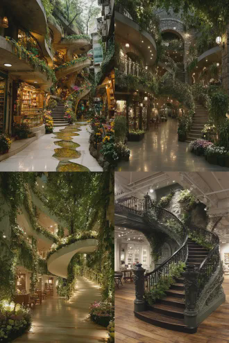 基因造型的螺旋垂直楼梯，装饰着绿色植物与花卉，室内设计，安装在大厅通往二楼栏杆两边，一边上一边下，超市