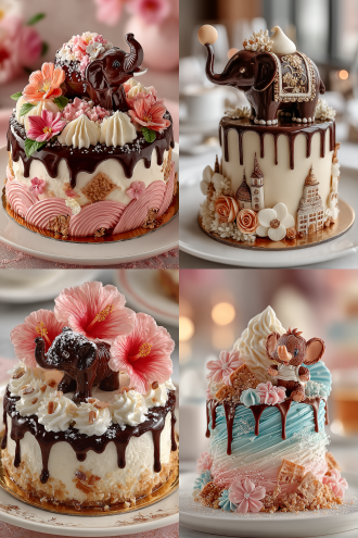 一块蛋糕，底层是波浪和鲜花造型，主体是巧克力小象翘起象鼻子往自己身上洒奶油，可爱，灵动。