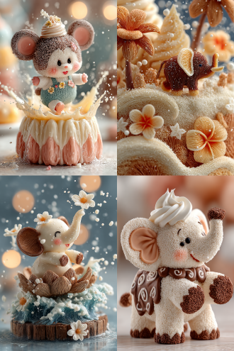 美食摄影，一块精致蛋糕，波浪和鲜花造型底座，巧克力小象翘起象鼻子洒奶油，可爱灵动，俯拍视角，浅景深，柔和自然光，微距镜头，高饱和度，暖色调，生动活泼，细节丰富，奶油飞溅动态。