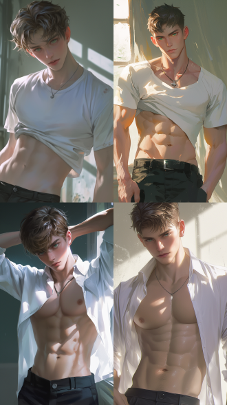 1boy,male focus,solo,light green eyes,sharp eyes,furrowed_brow,a serious expression,false_smile,smooth and delicate skin,short hair,looking at viewer,blurry,photography,super realistic,dynamic,exquisite (photography:1.3),soft light,abs,shirt,white shirt,necklace,black pants,navel,muscular,indoors,muscular male,collarbone,((best quality)),((masterpiece)),((ultra-detailed)),hdr,