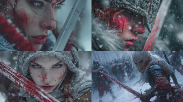 她如鬼魅般冲入敌阵，利刃挥舞，红染白雪。最后定格在她沾红的嘴角和冰冷的眼神，暗示复仇之路才刚刚开始。