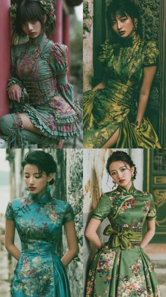 ccd摄影，美人，改良款旗袍，服装造型精致华丽灵动。风情妩媚天真而不自知，楚楚可怜，细节丰富，光线明暗交接，光，层次丰富，朦胧美学，光的美学，lomo效果，高级感，杰作。非常规构图，非常规动作，多件服装叠穿。随机古典景观背景，中国传统色彩搭配，色彩偏绿色，实拍感强。