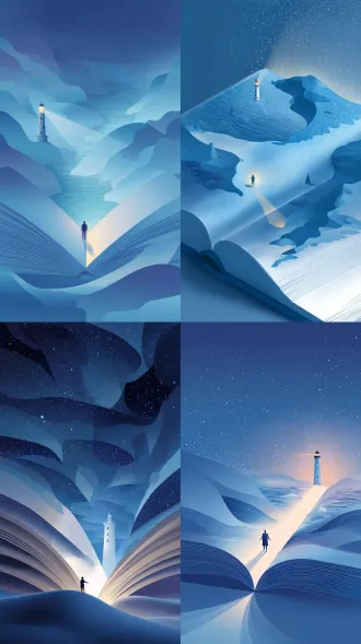 超现实知识探索插画，巨型打开的书本（白色书边、蓝色渐变内页），书页嵌套海洋场景，发光灯塔，双手展开的人物站立，前景柔和沙丘（蓝色调），背景深邃星空渐变，极简梦幻风格，统一蓝色色调（浅蓝至深蓝），平视构图展现空间层次，人物姿态开放，灯塔光束穿透，书页延伸感，广角镜头，柔光，低饱和度，比例9:16