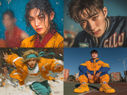 蔡徐坤打篮球，动态构图，篮球场背景，运动风格，穿着时尚篮球服，专注表情，汗水飞溅，高光细节，长焦镜头，高速快门，侧逆光，活力橙蓝配色，张力十足，动感瞬间