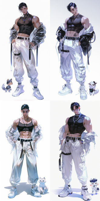 191，一幅从全身相机角度拍摄的数字插图显示，一个穿着时尚前卫服装、黑色透明上衣和白色工作裤的男性角色自信地站着，表情严肃。这张照片还展示了一个单身男性角色站在照片的中间，旁边还有一个可爱的小角色。这张照片也展示了一位20岁的男子，一位肌肉发达的男子，留着黑色的短发和尖头，穿着一件暴露肌肉身材的纯黑色上衣，一条带银链的黑色腰带，和一条带多个口袋的白色裤子。他站在那里，双手插在口袋里，用中立的表情直视着观众，眼睛专注于观众。这个男人身材苗条，穿着白色运动鞋。他脖子上戴着一条黑色项链，耳朵上挂着一对耳环。在他的右边，有一个可爱的小角色，穿着和他一样的衣服，摆出完全相同的姿势。图像背景为纯白色，重点是男性角色的服装。cg风格。纯白色背景。 全身