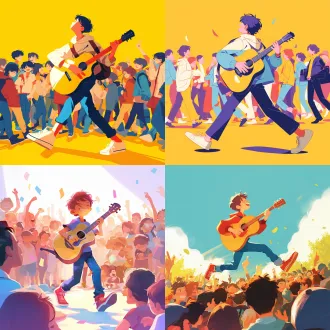男生边弹吉他边走，侧面向左，人群围观，插画风格，简洁线条，扁平化设计，鲜艳色彩，暖色调，侧面视角，散点构图，柔光照射，动态姿势，和谐场景，平面背景，高饱和度，欢乐氛围，流畅动作，圆形元素，微笑表情，简约服装，几何形状，明亮光线，卡通风格，生动活泼，温暖情感。