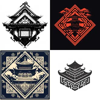 胡同屋顶logo设计，方正布局，单色线条，几何形状与传统元素结合，简洁屋檐细节，高对比度，平面设计风格，清晰边缘，纯色填充，无渐变，文化符号突出，对称构图，极简主义，黑白配色，精准线条，传统与现代融合