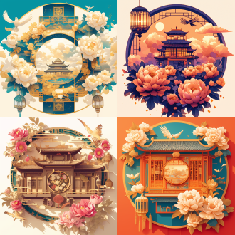 宅门徽章居中，胡同建筑背景，鸟笼悬挂一侧，牡丹花点缀，风筝飘于卷云下，圆形框架包裹，极简主义设计，不对称构图，单色色调，几何图案与低多边形结合，矢量图形精准细节，抽象元素点缀，光滑表面反光，高对比度阴影，简约美学，现代感强烈，平面设计，精确线条，金属质感，单色渐变，锐利边缘，负空间运用，视觉平衡，3d渲染效果。
