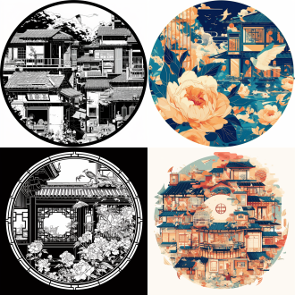 四合院徽章，胡同建筑，大瓦房，鳥籠，牡丹花，風箏，卷云，圓形框架，古風，極簡主義設計，不對稱構圖，單色，幾何圖案，低多邊形，矢量圖形，精準細節(jié)，抽象點綴，簡約美學，平面設計，精確線條，銳利邊緣，負空間，視覺平衡，淡雅色調，東方韻味，文化符號融合。