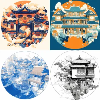 四合院徽章，胡同建筑，大瓦房，鸟笼，牡丹花，风筝，卷云，圆形框架，古风，极简主义设计，不对称构图，单色，几何图案与低多边形结合，矢量图形精准细节，抽象元素点缀，简约美学，平面设计，精确线条，锐利边缘，负空间运用，视觉平衡
