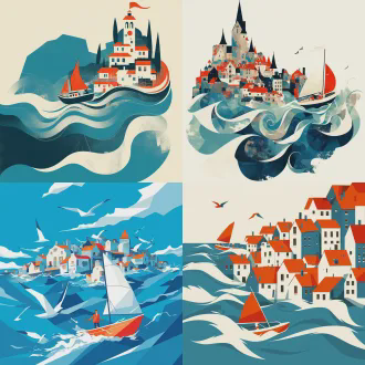 一艘小船乘着海浪，欧式建筑背景，日报插画风格，几何图案与低多边形结合，矢量图形精准细节，抽象点缀，简约美学平面设计，精确线条锐利边缘，负空间视觉平衡，单色与红色点缀，严肃表情，历史感，俯视构图，对称布局，高对比度，扁平化设计，装饰性线条