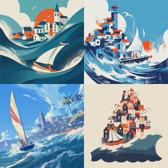 小船乘浪前行，租界建筑背景，日报插画风格，几何线条与低多边形结合，矢量精准细节，抽象点缀，简约平面设计，锐利边缘，负空间平衡，单色与红色点缀，严肃表情，历史感，俯视构图，对称布局，高对比度，扁平化设计，装饰性线条