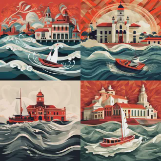 小船乘海浪，租界建筑背景，日报插画风格，几何图案与低多边形结合，矢量图形精准细节，抽象点缀，简约美学平面设计，精确线条锐利边缘，负空间视觉平衡，单色与红色点缀，俯视构图，对称布局，高对比度，扁平化设计，装饰性线条，严肃表情，历史感，广角镜头，侧光，快速快门，动态波浪，稳定小船。