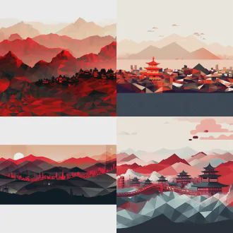井冈山俯瞰图，几何低多边形设计，矢量风格精准细节，抽象元素点缀，简约平面美学，锐利线条边缘，负空间平衡，单色背景红色点缀，对称构图，高对比度，扁平化设计，装饰性线条，严肃历史氛围，广角镜头，侧光照明，快速快门，动态波浪效果，稳定小船，俯视视角，冷色调