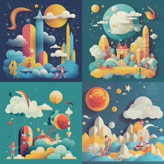 小朋友与小牙齿仙子在云端乐园嬉戏，银河环绕小星球点缀，黄色主色调搭配浅湖蓝与浅红，日报插画风格，几何与低多边形结合，矢量精准细节，抽象点缀，简约平面美学，锐利线条边缘，负空间平衡，俯视对称构图，高对比度扁平设计，装饰性波浪线条，严肃表情历史感，广角镜头侧光快速快门动态感。