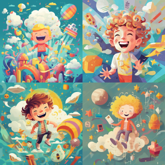 "儿童画，小朋友与小牙齿仙子玩耍，微笑表情，蓬松头发，明亮眼睛，小牙齿有手脚五官，蹦跳嬉戏，云端乐园，银河小星球，黄色主题，浅湖蓝浅红点缀，日报插画风格，几何图案低多边形结合，矢量精准细节，抽象点缀，简约美学平面设计，精确线条锐利边缘，负空间视觉平衡，俯视构图，对称布局，高对比度，扁平化设计，装饰性线条，广角镜头，侧光，快速快门，动态波浪。"