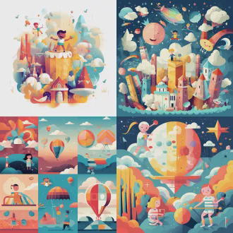 儿童画，小朋友和小牙齿仙子，小牙齿有手脚五官蹦蹦跳跳，云端乐园嬉戏，银河小星球，丰富画面，鲜艳颜色，黄色主题，浅湖蓝浅红点缀，日报插画风格，几何图案低多边形结合，矢量图形精准细节，抽象点缀，简约美学平面设计，精确线条锐利边缘，负空间视觉平衡，俯视构图，对称布局，高对比度，扁平化设计，装饰性线条，严肃表情，历史感，广角镜头，侧光，快速快门，动态波浪。