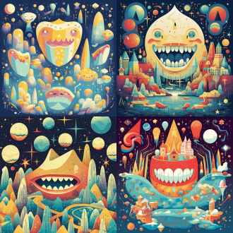 儿童牙齿在云端乐园嬉戏，银河小星球环绕，俯视构图对称布局，几何图案低多边形结合，矢量精准细节，黄色主色调配浅湖蓝浅红点缀，日报插画风格，粗勾线锐利边缘，扁平设计高对比度，抽象点缀简约美学，负空间平衡，广角镜头侧光动态波浪，快速快门捕捉跳跃，严肃表情历史感装饰线条。