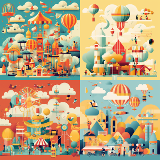 儿童在云端乐园嬉戏，黄色主题，浅湖蓝与浅红点缀，日报插画风格，几何图案与低多边形结合，矢量图形精准细节，抽象点缀，简约美学平面设计，粗勾线锐利边缘，对称布局，高对比度，俯视构图，广角镜头，侧光，快速快门，动态波浪，严肃表情，历史感，装饰性线条，负空间平衡。