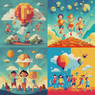 儿童画，五个小朋友，三个可爱小牙齿蹦蹦跳跳，云端乐园嬉戏，银河小星球，丰富画面，鲜艳色彩，黄色主调，浅湖蓝浅红点缀，日报插画风格，几何低多边形结合，矢量精准细节，抽象点缀，简约美学平面设计，粗勾线，锐利边缘，负空间平衡，俯视构图，对称布局，高对比度，扁平化设计，装饰线条，严肃表情，历史感，广角镜头，侧光，快速快门，动态波浪。