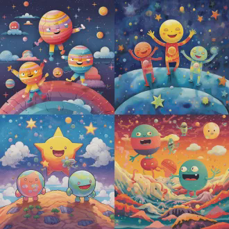 儿童画风格的三个小牙齿角色，手脚五官俱全，开心蹦跳，云端乐园背景，银河小星球点缀，黄色主色调搭配湖蓝浅红，日报插画风格，几何与低多边形结合，矢量精准细节，粗勾线锐利边缘，俯视对称构图，高对比度扁平设计，装饰性线条，广角镜头侧光动态波浪，欢乐童趣。