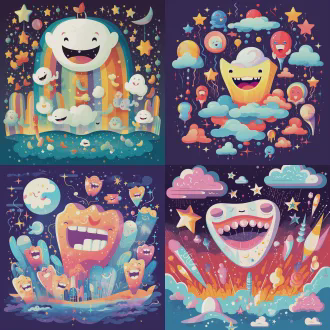 儿童卡通牙齿在云端乐园，白色牙齿有手脚五官开心蹦跳，银河小星球背景丰富鲜艳，黄色主色调点缀湖蓝浅红，日报插画风格几何低多边形结合，矢量精准细节抽象点缀，简约平面设计粗勾线锐利边缘负空间平衡，俯视对称高对比扁平化，装饰线条严肃历史感广角侧光快速快门动态波浪。