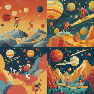 儿童在云端乐园嬉戏，开心表情蹦蹦跳跳，银河小星球环绕，黄色为主浅红点缀，日报插画风格，几何低多边形结合，矢量图形精准细节，抽象点缀平面设计，粗勾线锐利边缘，负空间视觉平衡，俯视构图对称布局，高对比度扁平化，装饰性线条动态波浪，广角镜头侧光快速快门，色彩鲜艳简约美学。