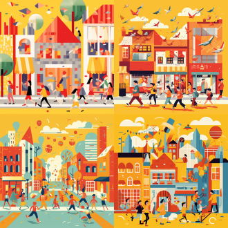 儿童画风格，小朋友开心蹦跳，街区背景，丰富小卖部小吃店公园场景，黄色主色调浅红点缀，日报插画风，几何低多边形结合，矢量精准细节，抽象点缀，简约平面美学，粗线锐边，俯视对称构图，高对比度扁平化，装饰线条，广角镜头侧光快速快门，动态波浪。