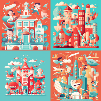 儿童画风格，小朋友开心蹦跳，医院里玩耍看牙，大毛绒玩偶，鲜艳浅红主题色，湖蓝点缀，日报插画风格，几何低多边形结合，矢量精准细节，抽象点缀，简约平面设计，粗勾线锐利边缘，负空间平衡，对称俯视构图，高对比度扁平化，装饰线条，严肃牙医表情，历史感，广角镜头侧光，快速快门动态波浪。