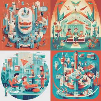 儿童快乐看牙，俯视构图对称布局，丰富画面鲜艳色彩，浅红色主调湖蓝点缀，日报插画风格几何低多边形，矢量精准细节抽象点缀，简约美学扁平设计粗勾线锐利边缘，负空间平衡，高对比度装饰线条，医院环境大毛绒玩偶，小朋友开心蹦跳玩耍，广角镜头侧光快速快门动态波浪。